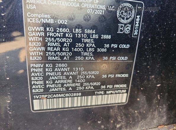 1V2BP2CA5MC602898 2021 VOLKSWAGEN ATLAS Black Widok komory silnika