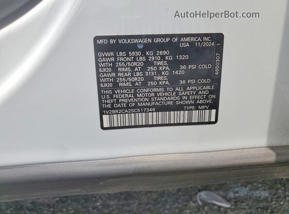 1V2BR2CA2SC517346 2025 VOLKSWAGEN ATLAS Белый Вид наклейки с VIN-кодом