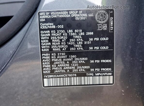 1V2BR2CA4MC576076 2021 VOLKSWAGEN ATLAS Gray VIN sticker view