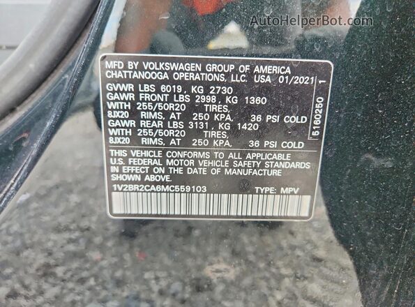 1V2BR2CA6MC559103 2021 VOLKSWAGEN ATLAS Green VIN კოდის სტიკერის ხედი