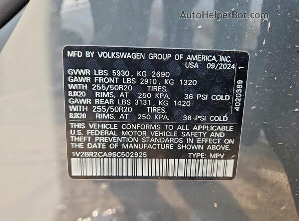 1V2BR2CA9SC502925 2025 VOLKSWAGEN ATLAS Gray Вид наклейки з VIN-кодом