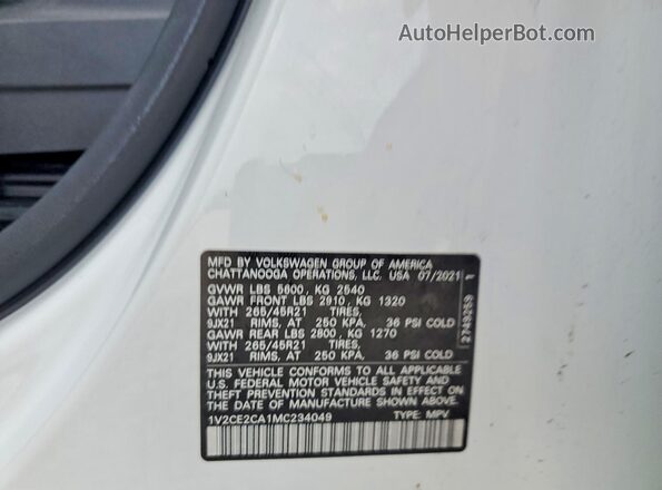 1V2CE2CA1MC234049 2021 VOLKSWAGEN ATLAS White VIN კოდის სტიკერის ხედი