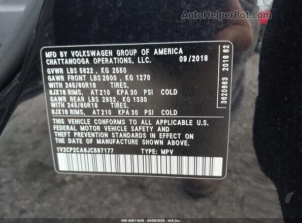 1V2CP2CA8JC597177 2018 VOLKSWAGEN ATLAS Black Շարժիչի բաժամունքի տեսք