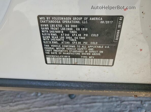 1V2CR2CA2JC518919 2018 VOLKSWAGEN ATLAS White Vista de la etiqueta del VIN