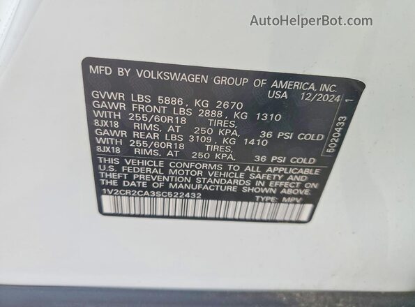 1V2CR2CA3SC522432 2025 VOLKSWAGEN ATLAS White Панорамний вид салону 360°