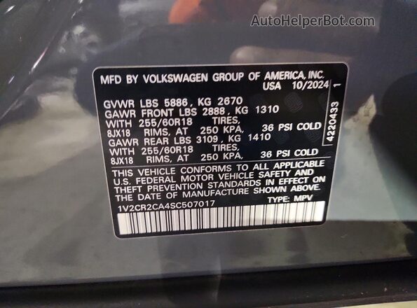 1V2CR2CA4SC507017 2025 VOLKSWAGEN ATLAS Серый Вид наклейки с VIN-кодом