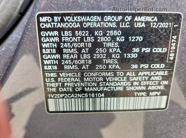 1V2DP2CA2NC516104 2022 VOLKSWAGEN ATLAS Gray VIN sticker view