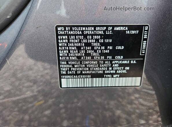 1V2DR2CA0JC533150 2018 VOLKSWAGEN ATLAS Gray Вид наклейки з VIN-кодом