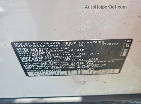 1V2DR2CA1JC517149 2018 VOLKSWAGEN ATLAS White VIN sticker view