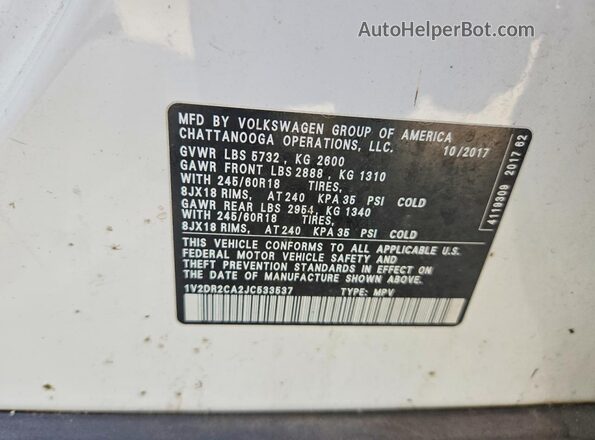 1V2DR2CA2JC533537 2018 VOLKSWAGEN ATLAS White Widok komory silnika