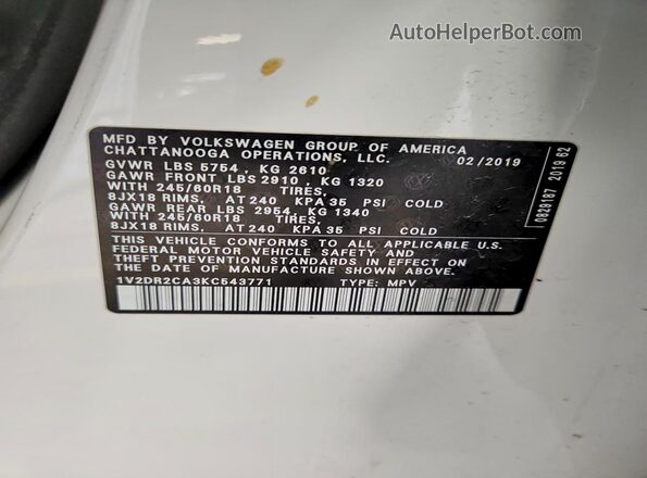 1V2DR2CA3KC543771 2019 VOLKSWAGEN ATLAS White VIN sticker view