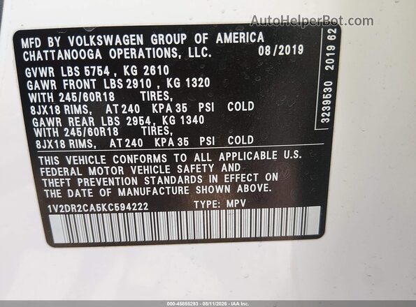 1V2DR2CA5KC594222 2019 VOLKSWAGEN ATLAS White Engine compartment view