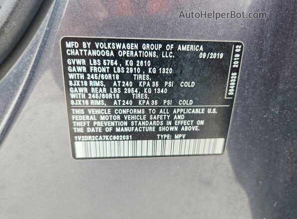 1V2DR2CA7KC602031 2019 VOLKSWAGEN ATLAS Gray Vista de la etiqueta del VIN
