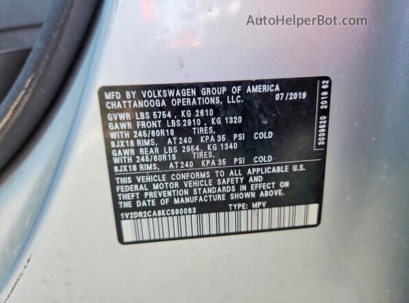 1V2DR2CA8KC590083 2019 VOLKSWAGEN ATLAS Серебряный Вид наклейки с VIN-кодом