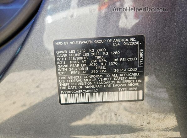 1V2DR2CA8RC583337 2024 VOLKSWAGEN ATLAS Gray Vista de la etiqueta del VIN
