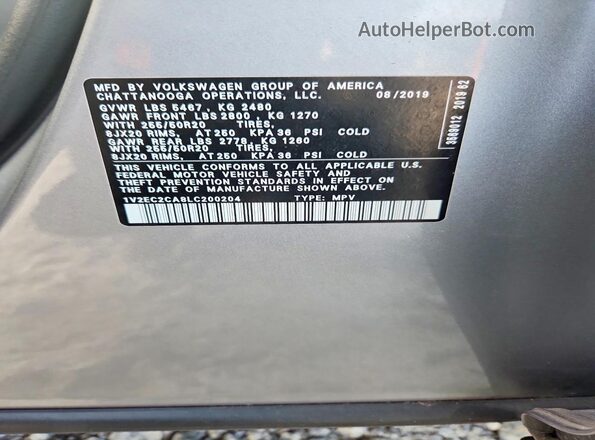 1V2EC2CA8LC200204 2020 VOLKSWAGEN ATLAS Silver Вид наклейки з VIN-кодом