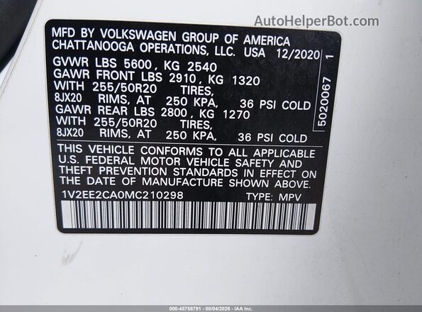 1V2EE2CA0MC210298 2021 VOLKSWAGEN ATLAS Белый Вид подкапотного пространства