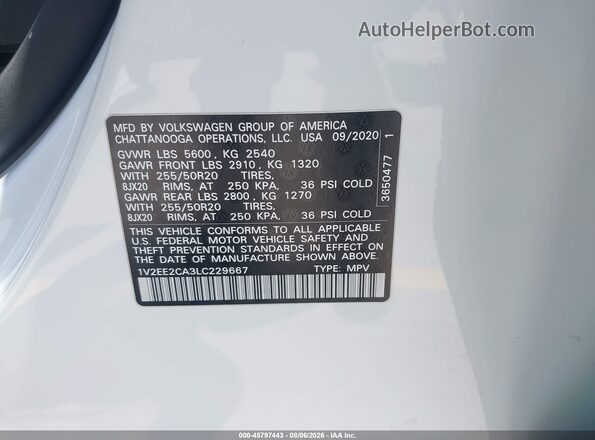 1V2EE2CA3LC229667 2020 VOLKSWAGEN ATLAS White Вид підкапотного простору