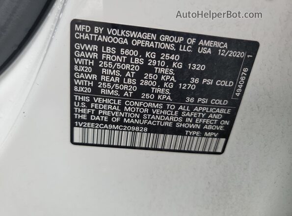 1V2EE2CA9MC209828 2021 VOLKSWAGEN ATLAS White Vista de la etiqueta del VIN