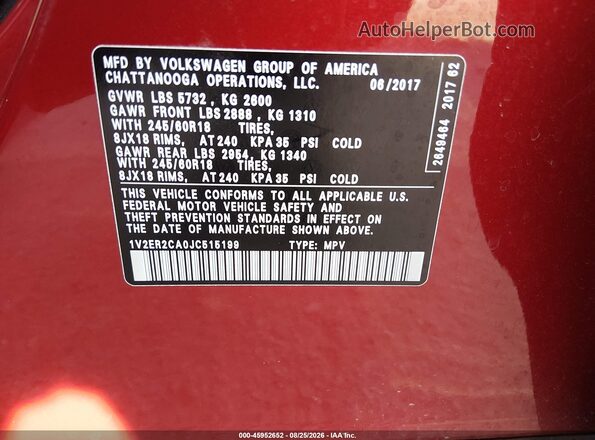 1V2ER2CA0JC515199 2018 VOLKSWAGEN ATLAS Red Vista del compartimento del motor