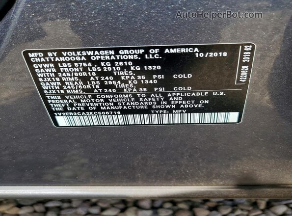 1V2ER2CA2KC506716 2019 VOLKSWAGEN ATLAS Gray Vista de la etiqueta del VIN