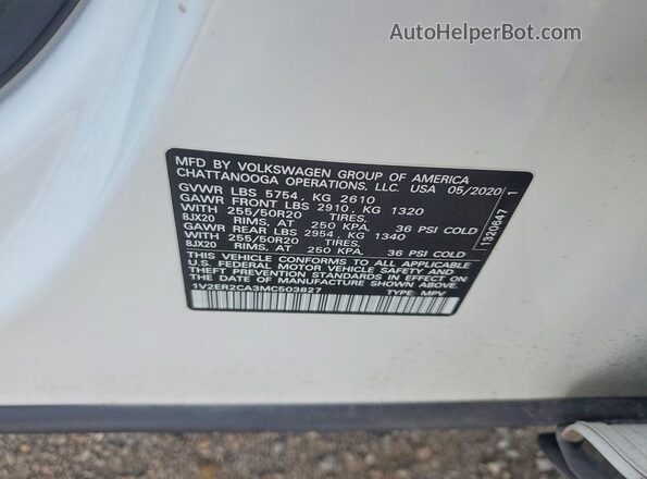1V2ER2CA3MC503827 2021 VOLKSWAGEN ATLAS White VIN կոդի պիտակի տեսք