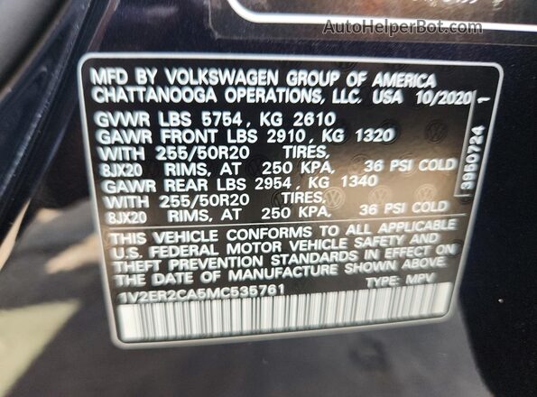 1V2ER2CA5MC535761 2021 VOLKSWAGEN ATLAS Black Вид наклейки з VIN-кодом