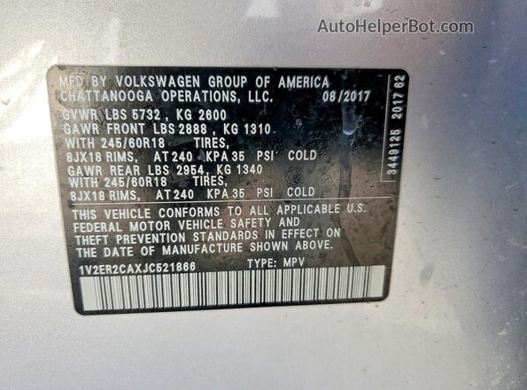 1V2ER2CAXJC521866 2018 VOLKSWAGEN ATLAS Silver Widok wnętrza 360 stopni