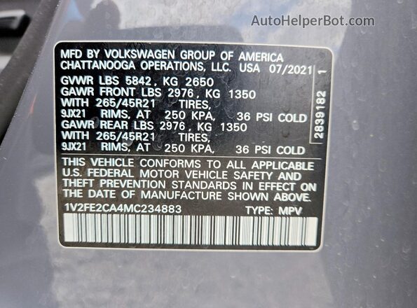 1V2FE2CA4MC234883 2021 VOLKSWAGEN ATLAS Gray Widok naklejki z numerem VIN