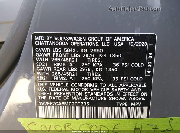 1V2FE2CA6MC200735 2021 VOLKSWAGEN ATLAS Gray Widok komory silnika