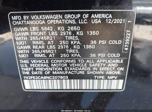 1V2FE2CA8NC207803 2022 VOLKSWAGEN ATLAS Black Widok komory silnika
