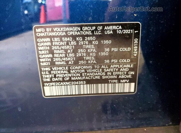1V2FE2CAXNC204353 2022 VOLKSWAGEN ATLAS Blue Widok naklejki z numerem VIN