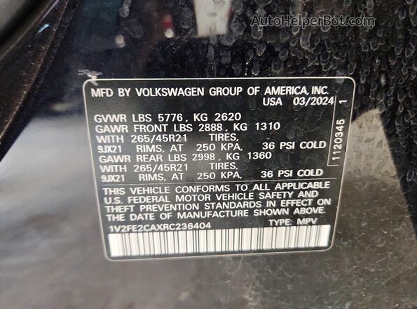 1V2FE2CAXRC236404 2024 VOLKSWAGEN ATLAS Black VIN კოდის სტიკერის ხედი