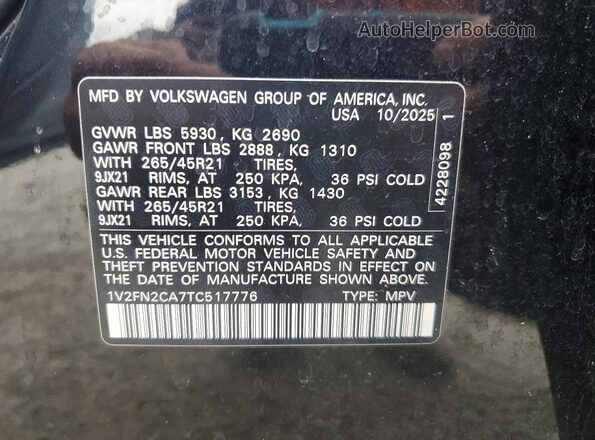 1V2FN2CA7TC517776 2026 VOLKSWAGEN ATLAS Black Вид наклейки з VIN-кодом