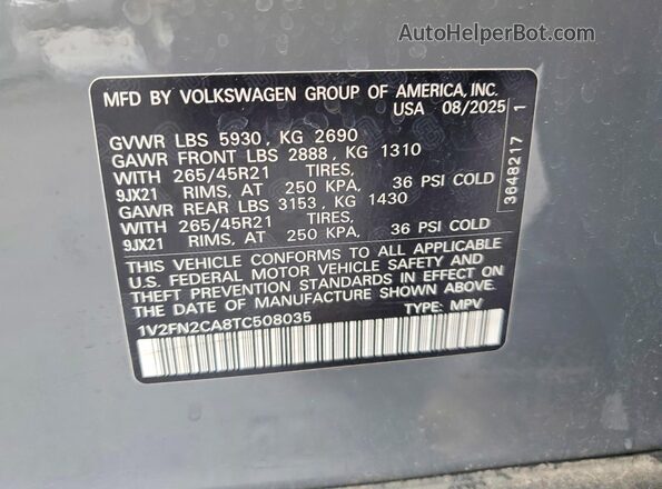 1V2FN2CA8TC508035 2026 VOLKSWAGEN ATLAS Gray Widok wnętrza 360 stopni