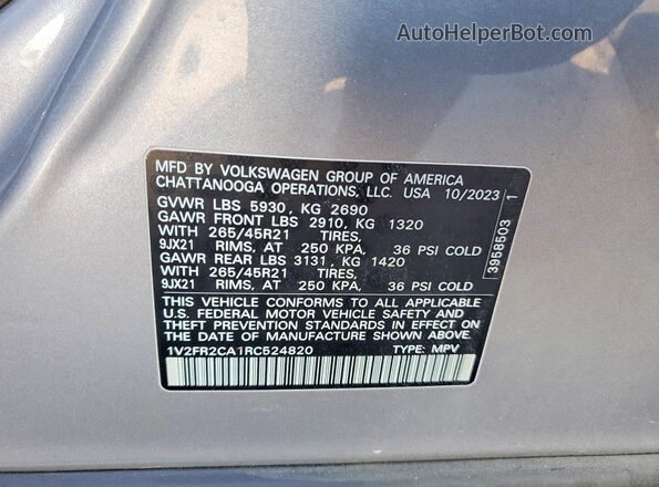1V2FR2CA1RC524820 2024 VOLKSWAGEN ATLAS Silver Widok naklejki z numerem VIN