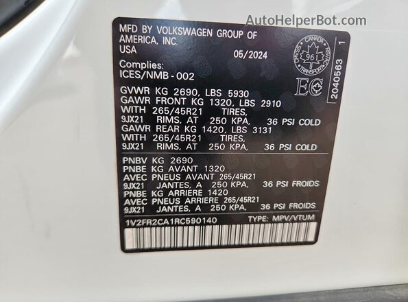 1V2FR2CA1RC590140 2024 VOLKSWAGEN ATLAS White Widok wnętrza 360 stopni