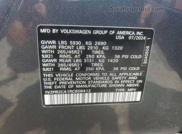 1V2FR2CA1RC608412 2024 VOLKSWAGEN ATLAS Gray VIN კოდის სტიკერის ხედი