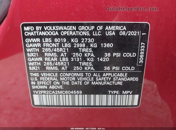1V2FR2CA2MC604569 2021 VOLKSWAGEN ATLAS Red Вид підкапотного простору