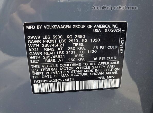 1V2FR2CA2SC574874 2025 VOLKSWAGEN ATLAS Gray Սալոնի 360 աստիճան տեսք