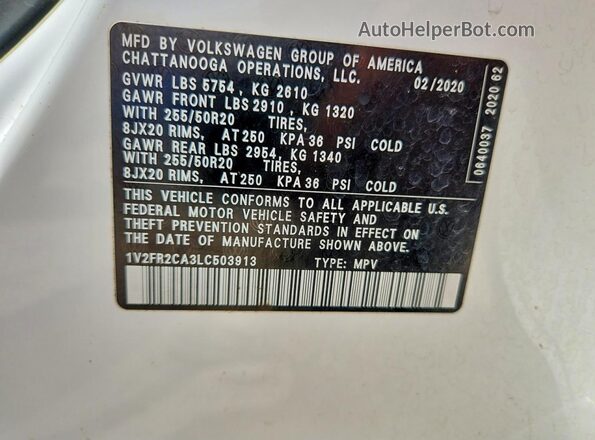 1V2FR2CA3LC503913 2020 VOLKSWAGEN ATLAS White Շարժիչի բաժամունքի տեսք