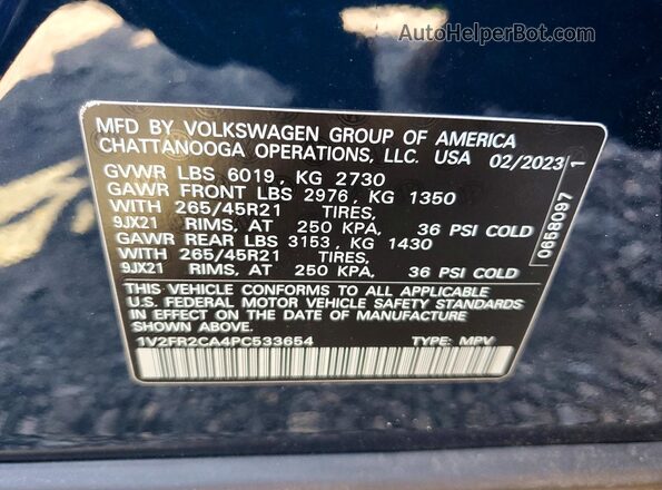1V2FR2CA4PC533654 2023 VOLKSWAGEN ATLAS Blue Widok wnętrza 360 stopni