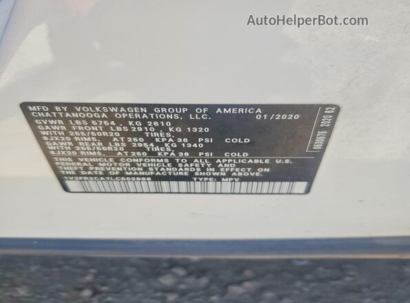 1V2FR2CA7LC502988 2020 VOLKSWAGEN ATLAS White VIN sticker view