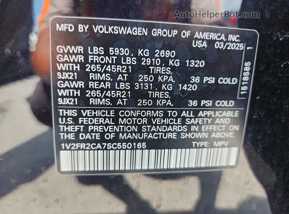 1V2FR2CA7SC550165 2025 VOLKSWAGEN ATLAS Черный Вид наклейки с VIN-кодом