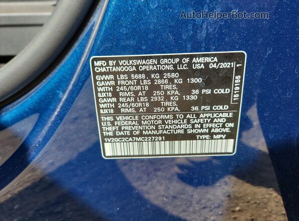 1V2GC2CA7MC227291 2021 VOLKSWAGEN ATLAS Blue Widok komory silnika