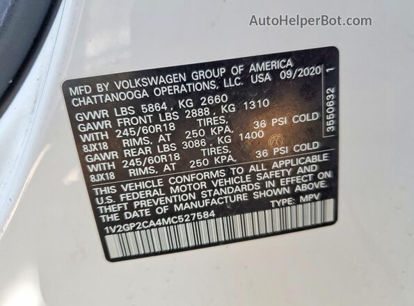1V2GP2CA4MC527584 2021 VOLKSWAGEN ATLAS White Widok naklejki z numerem VIN