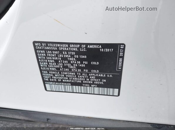 1V2GR2CA0JC534425 2018 VOLKSWAGEN ATLAS White Вид підкапотного простору