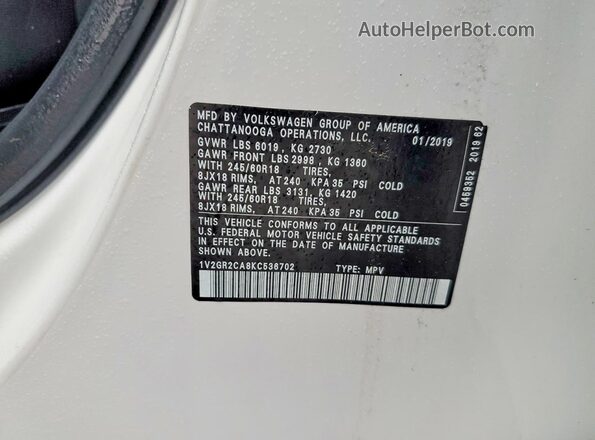 1V2GR2CA8KC536702 2019 VOLKSWAGEN ATLAS White Widok naklejki z numerem VIN