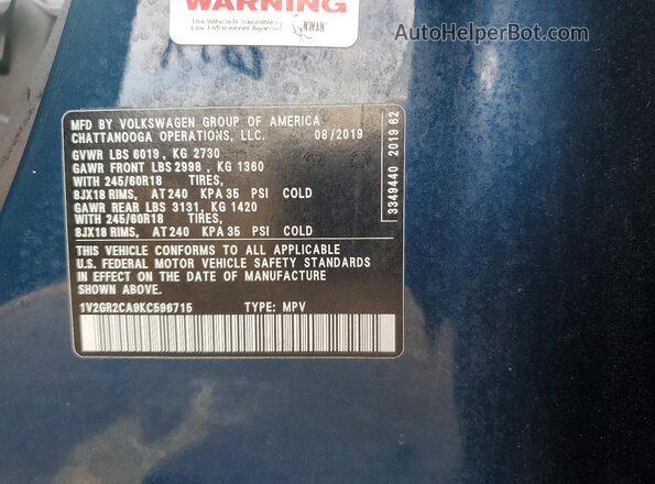1V2GR2CA9KC596715 2019 VOLKSWAGEN ATLAS Blue Vista del compartimento del motor