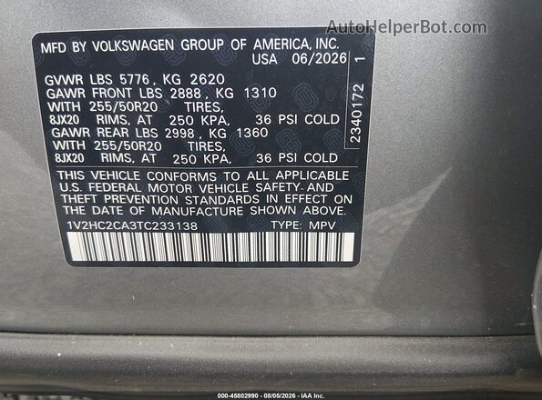 1V2HC2CA3TC233138 2026 VOLKSWAGEN ATLAS Silver Vista del compartimento del motor